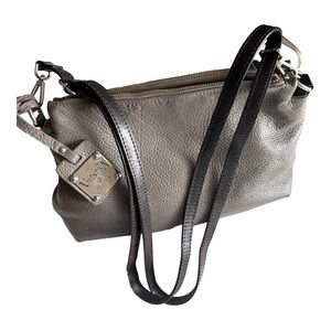 VALENTINA Pebbled Leather Double Zip Shoulder Bag 12” x 7” Taupe Like New